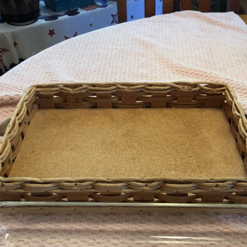 Vintage Pyrex Corning Glass 233 Leather Handle Rectangular Wicker Weave Basket